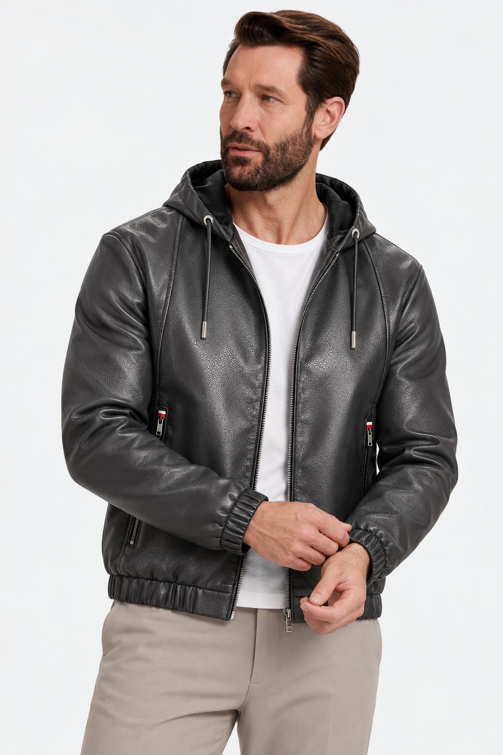 Leather Hooded Jacket – Drawstring Hood & Light Wind Coverage