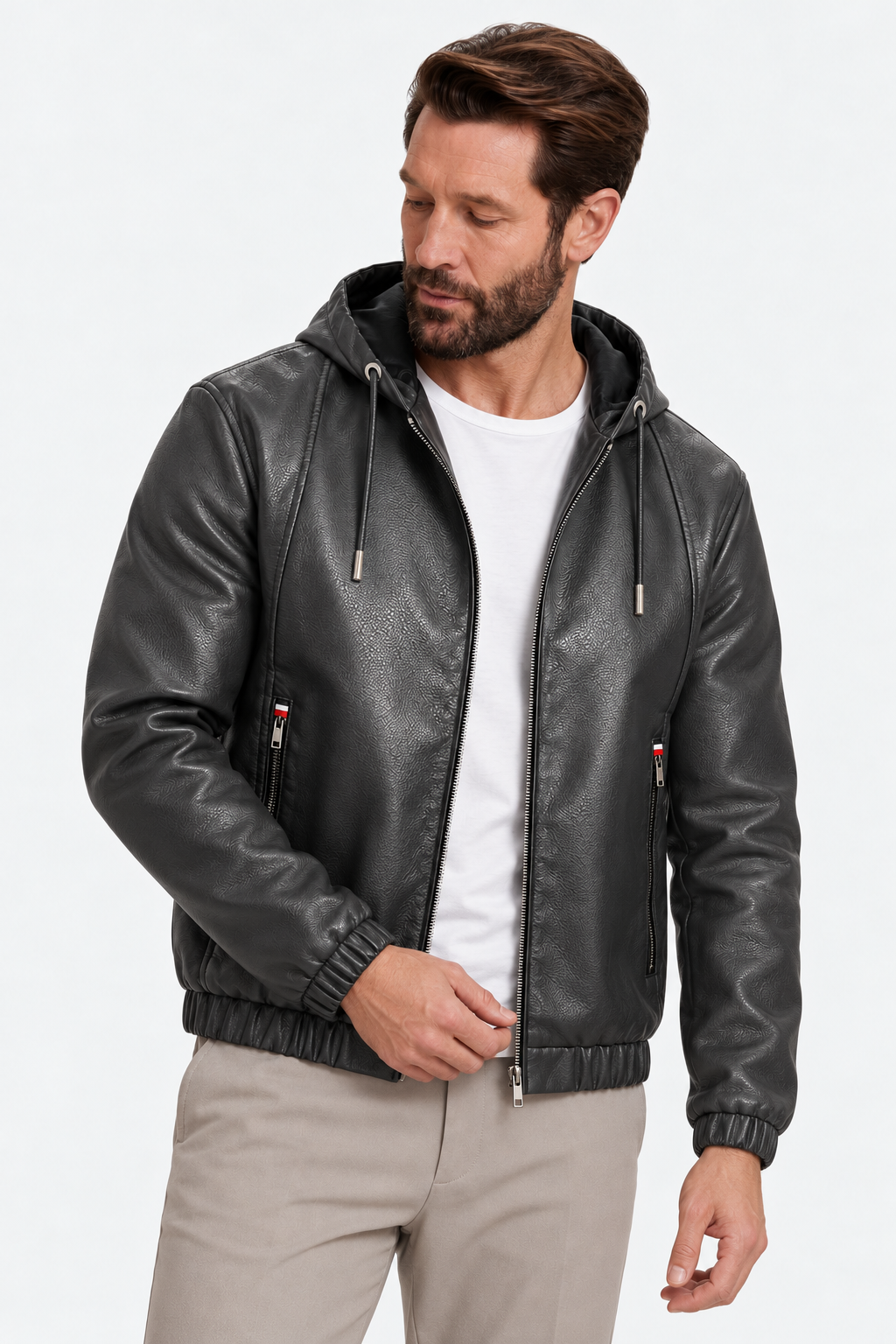 Leather Hooded Jacket – Drawstring Hood & Light Wind Coverage