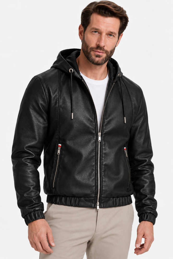 Leather Hooded Jacket – Drawstring Hood & Light Wind Coverage