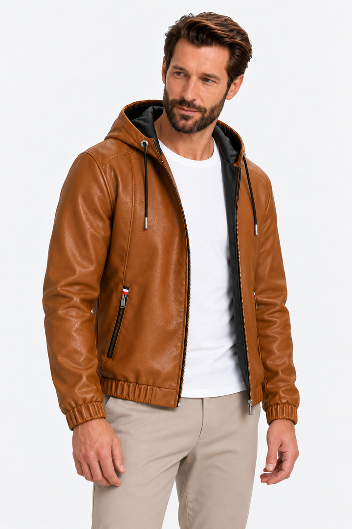 Leather Hooded Jacket – Drawstring Hood & Light Wind Coverage