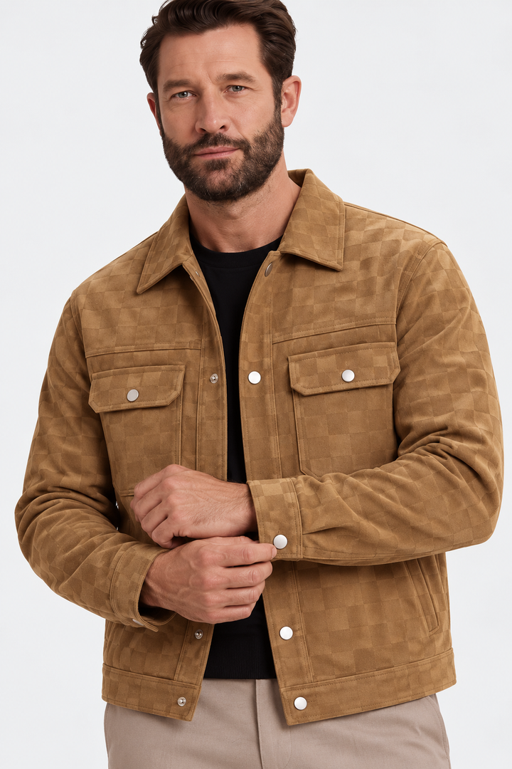 Refined Checkered Suede Button Jacket