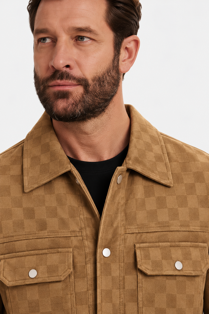 Refined Checkered Suede Button Jacket