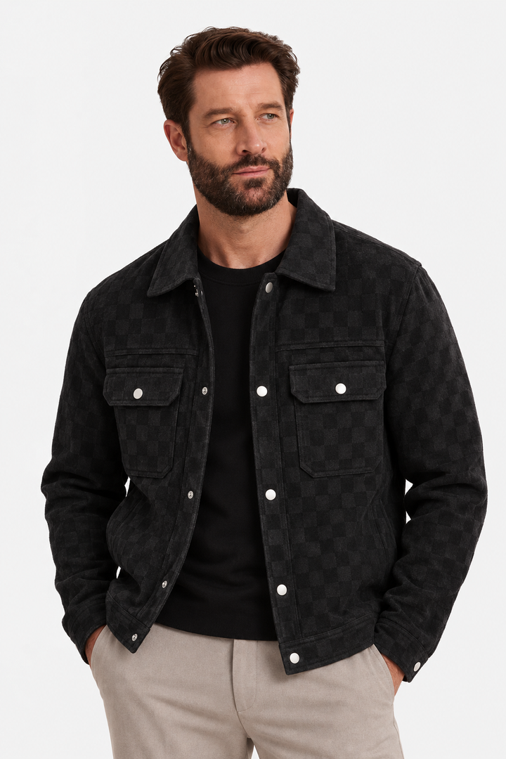 Refined Checkered Suede Button Jacket