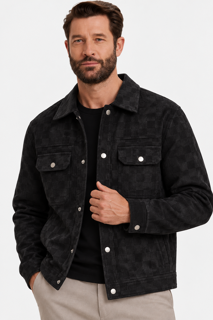 Refined Checkered Suede Button Jacket