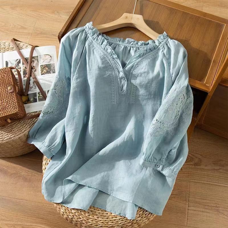 Ruffle Neck Linen Blouse