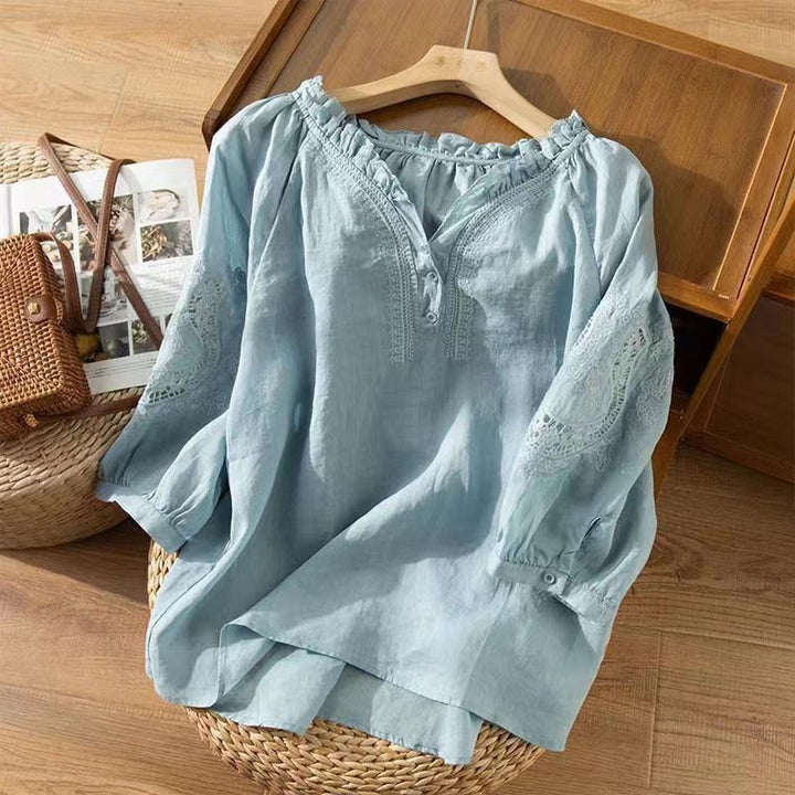 Ruffle Neck Linen Blouse