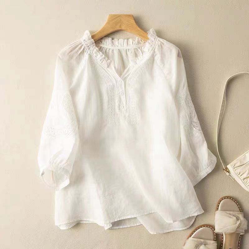 Ruffle Neck Linen Blouse
