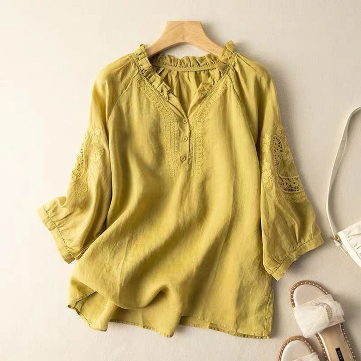 Ruffle Neck Linen Blouse