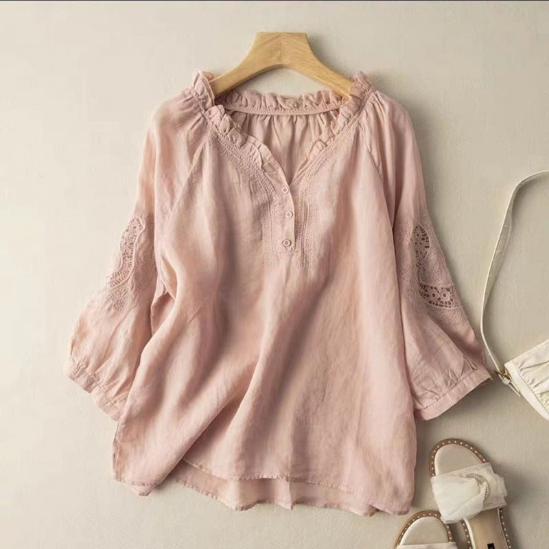Ruffle Neck Linen Blouse