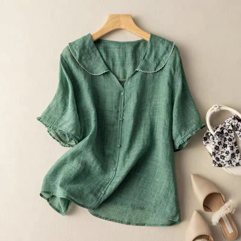 Scalloped Collar Linen Blouse
