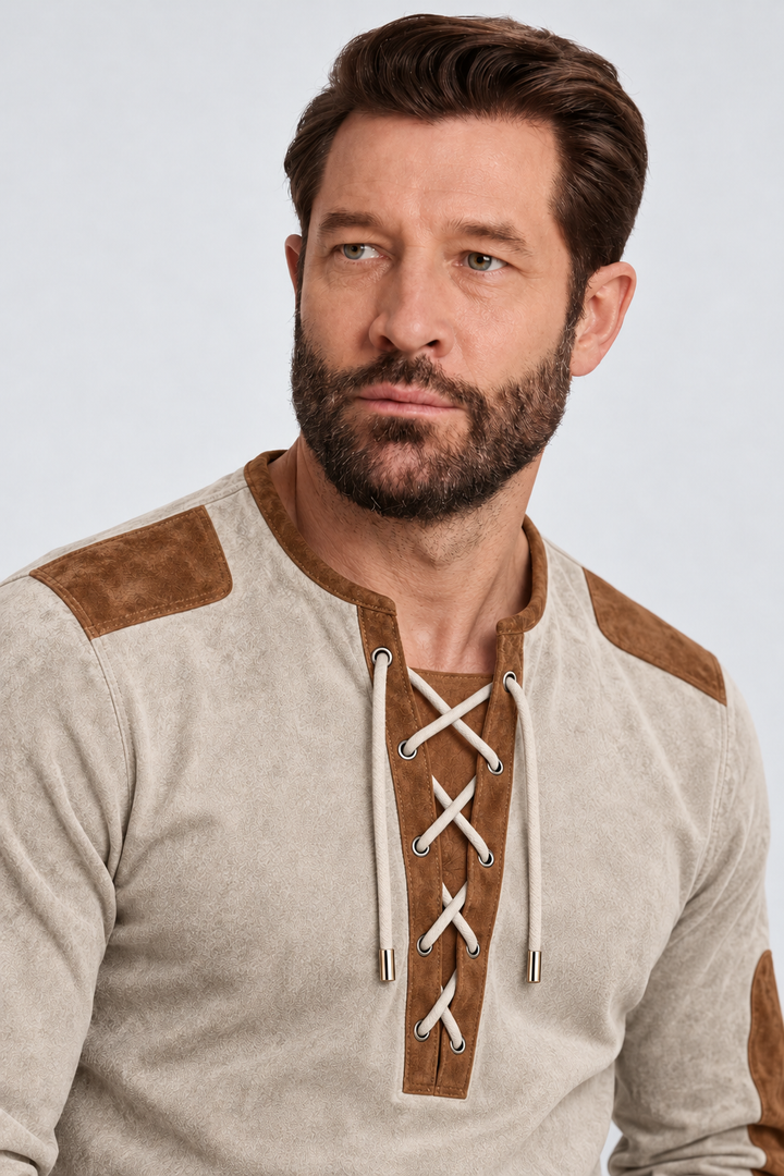 Suede-Touch Shirt – Lace-Up Neck & Smooth Inner Lining