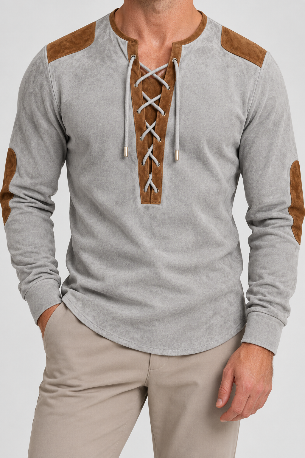 Suede-Touch Shirt – Lace-Up Neck & Smooth Inner Lining