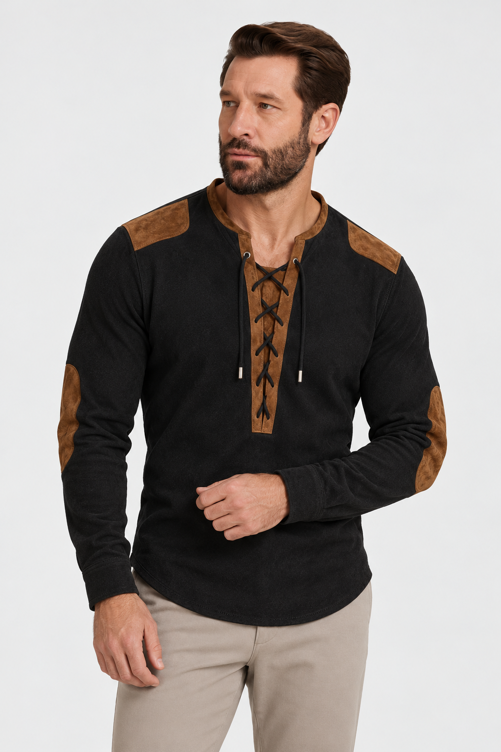 Suede-Touch Shirt – Lace-Up Neck & Smooth Inner Lining