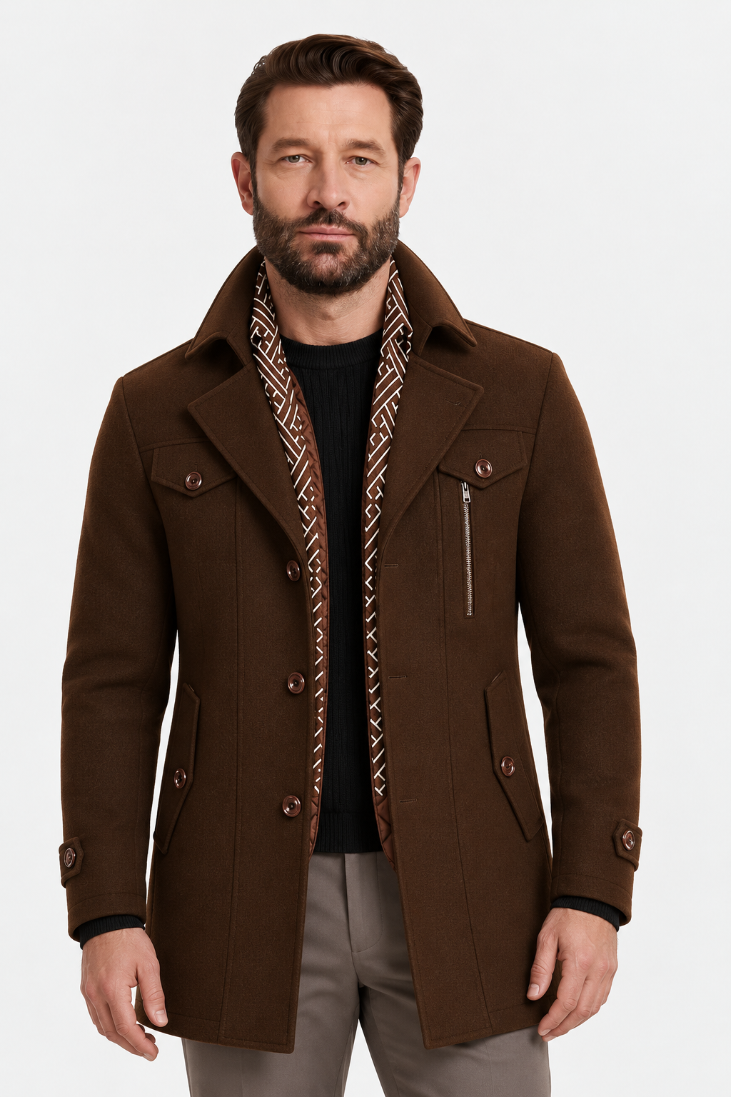 Wool-Blend Coat – Detachable Scarf & Adjustable Neck Coverage