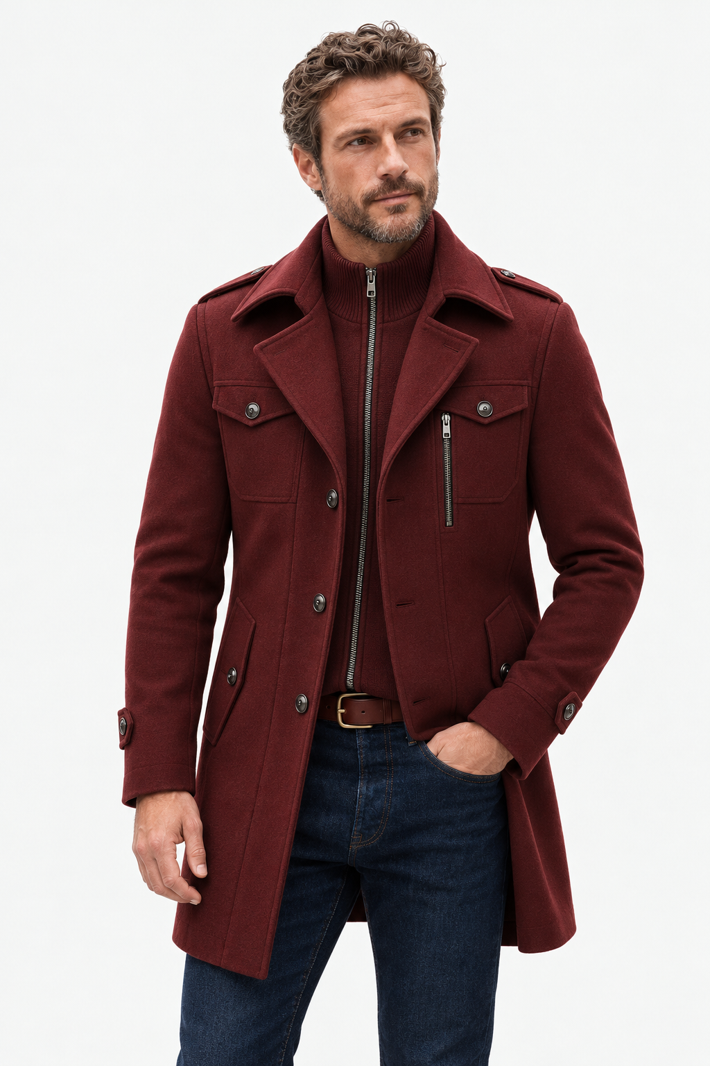 Wool-Blend Coat – High-Neck Zip Panel & Added Coverage