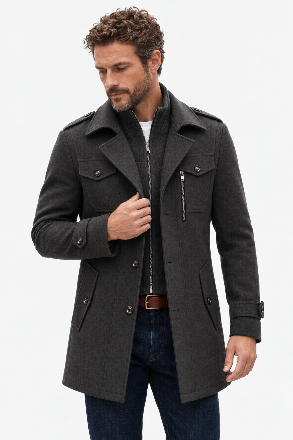 Wool-Blend Coat – High-Neck Zip Panel & Added Coverage