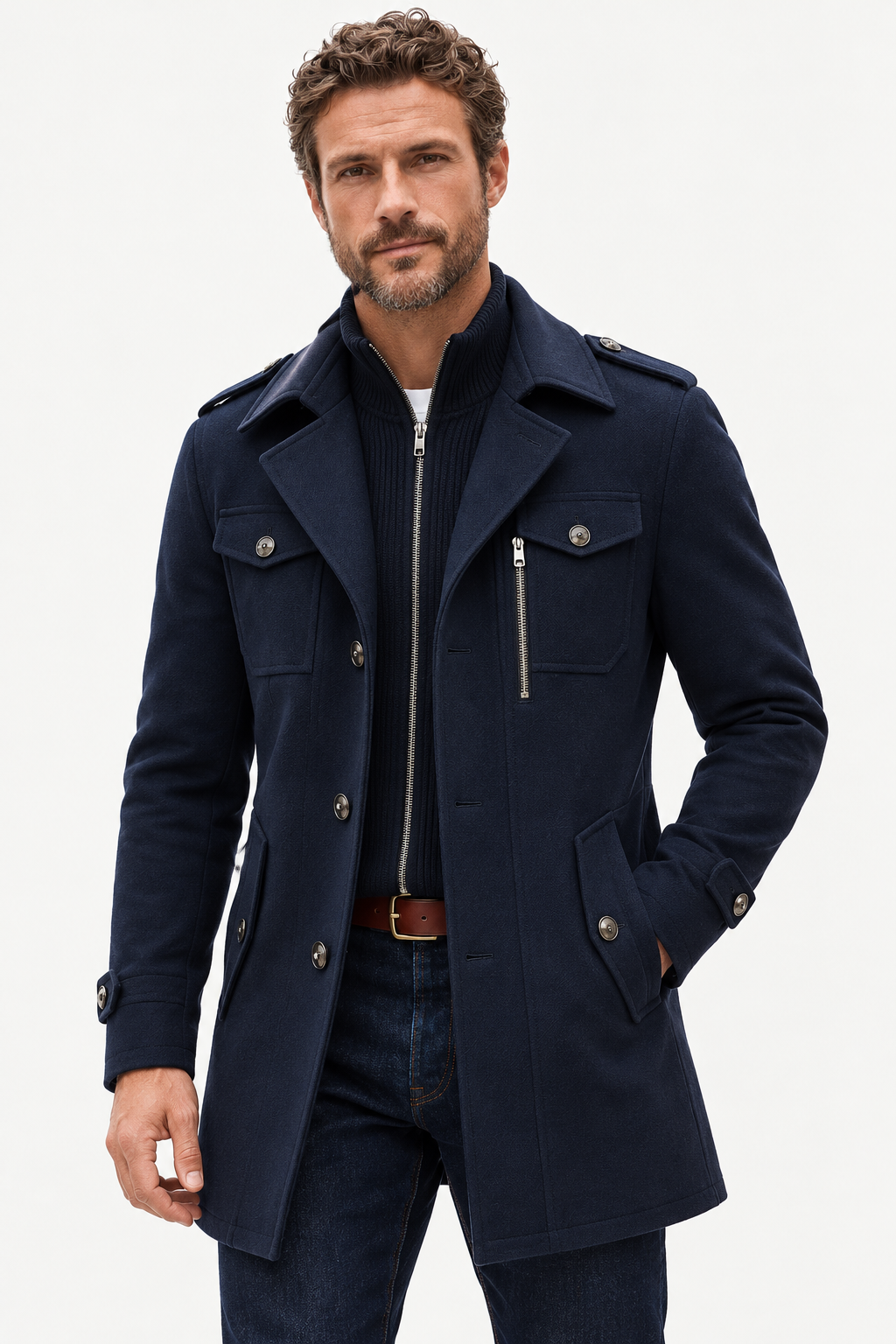 Wool-Blend Coat – High-Neck Zip Panel & Added Coverage