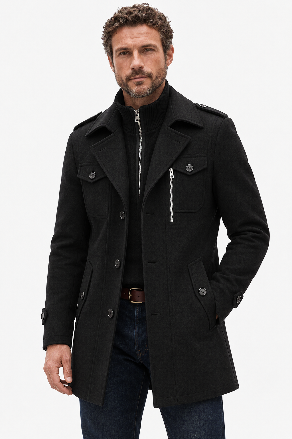 Wool-Blend Coat – High-Neck Zip Panel & Added Coverage
