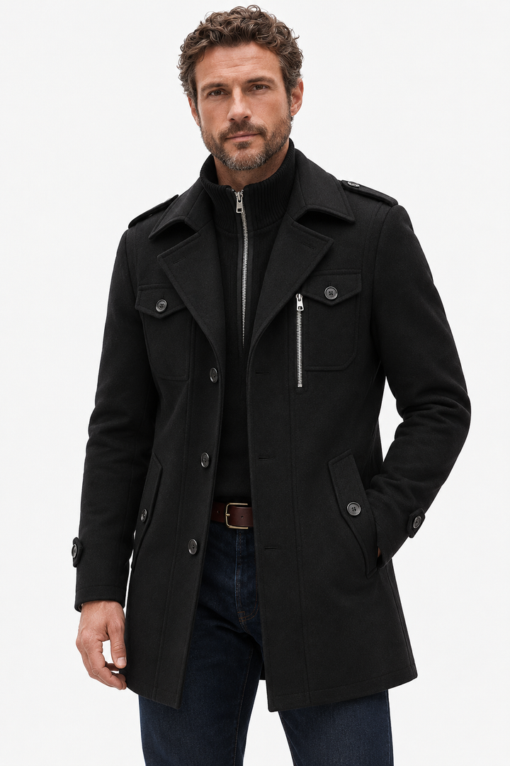 Wool-Blend Coat – High-Neck Zip Panel & Added Coverage