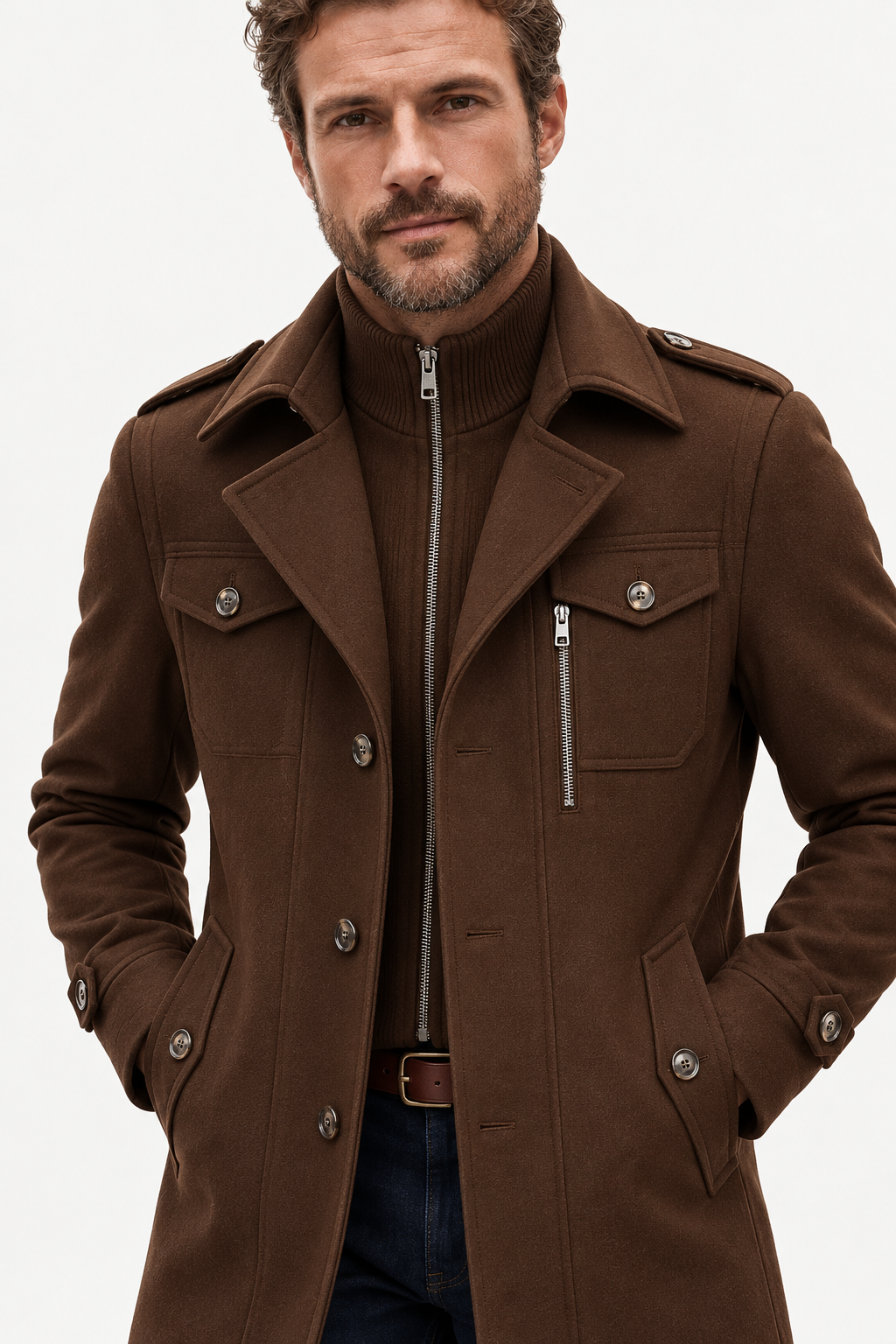 Wool-Blend Coat – High-Neck Zip Panel & Added Coverage