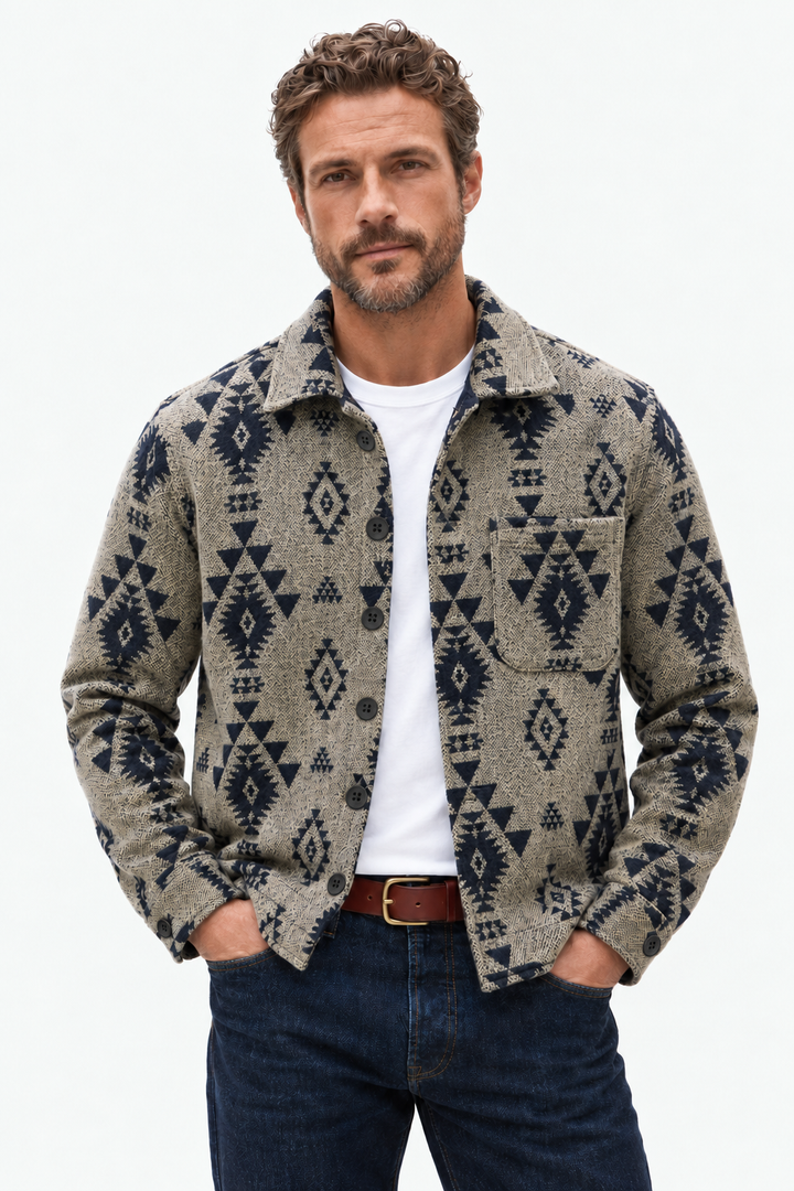 Wool-Blend Jacket – Geometric Pattern & Easy Layering