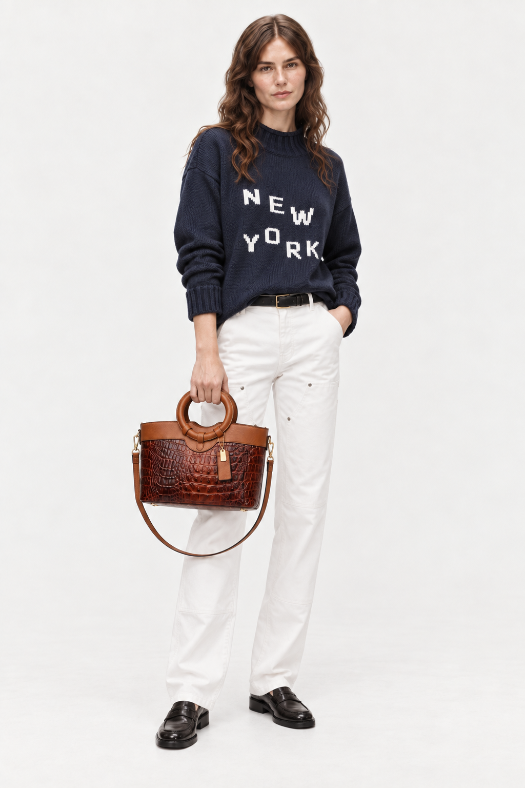 Crocodile-embossed circular handle bag